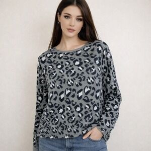 LOFT Leopard Print Sweater Gray Black White Crew Neck Long Sleeve Women's Size S